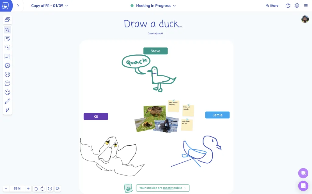 A screenshot of a check-out acitivty in Ludi called "Draw a Duck" where participants compete to sketch the best duck.