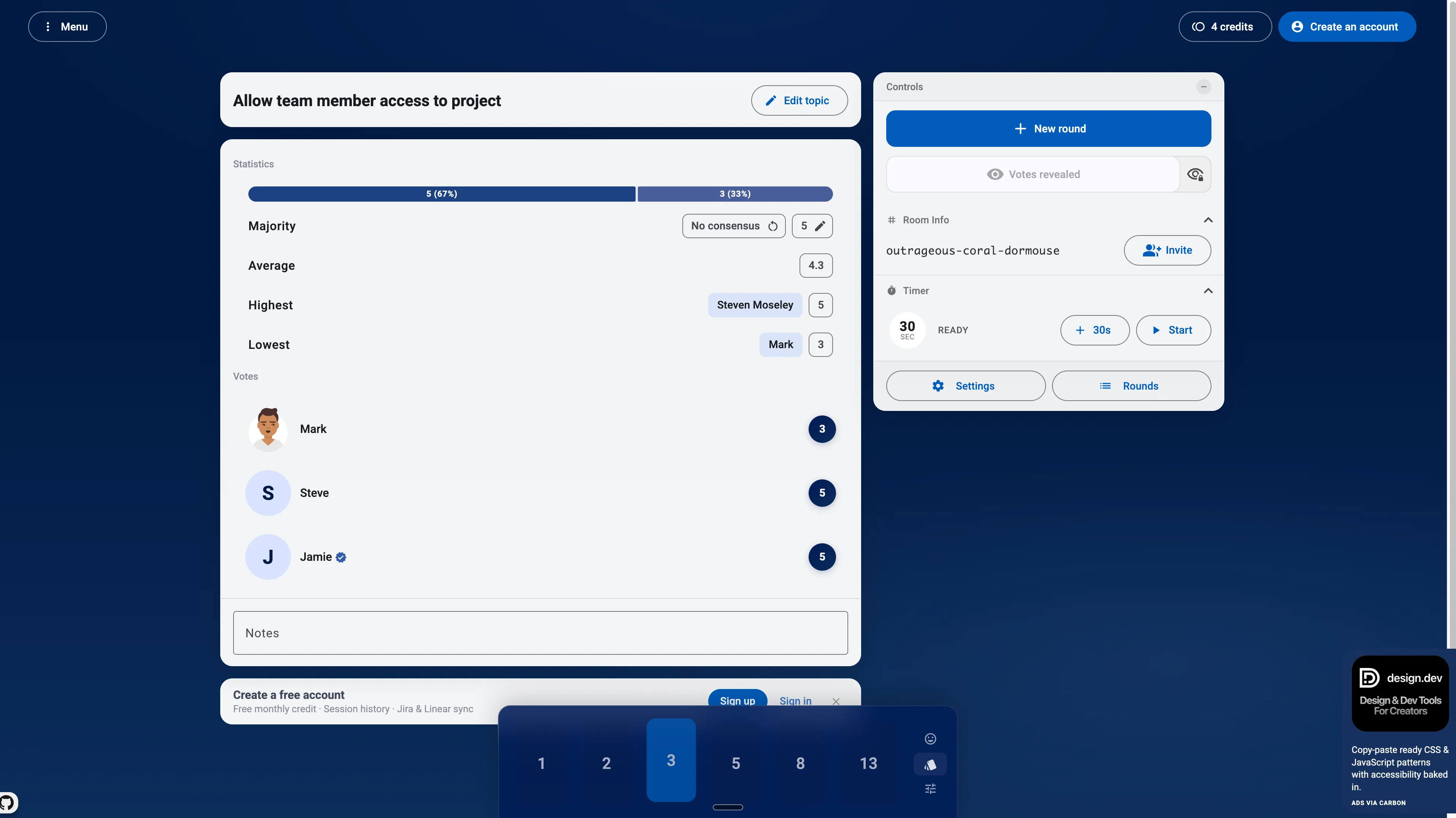 PlanningPoker.live room with votes revealed